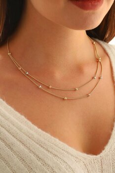 MOOM MÜCEVHERAT 14 Ayar Altın Kolye Dorika Toplu İki Sıra Popcorn Zincir Altın Kolye 45 Cm Uzunluk