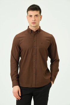 PSY Erkek Kahverengi Regular Fit Düğmeli Yaka Düz Uzun Kol Kışlık Gömlek XL Beden