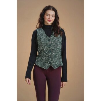 Bohem Tarz Kadın Yeşil Desenli Yelek - Yeşil Melanj - XL