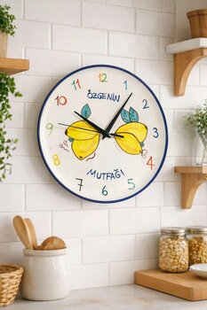 MeGgDecor Kişiye Özel İsimli Limon Desenli Seramik Mutfak Saati – 27 cm