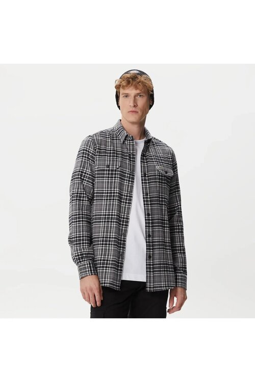 Lacoste Regular Fit Düğmeli Yaka Ekose Siyah Uzun Kol Gömlek