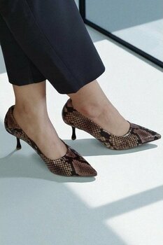Yılan Desenli Hakiki Deri Kahverengi Stiletto – 7 cm Ince Topuk Sivri Burun Ayakkabı - 37