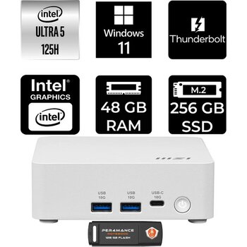 MSI Msı Cubi Nuc Core Ultra 5 125H Mini PC 48GB RAM 256GB SSD Win11 Home + Per4 USB 1UMG062EUP371 - Windows 11 Home