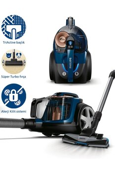 Philips HEPA 13 Filtre ve TriActive+ ve Halı Döver Turbo Başlık 7000 serisi PowerPro Max Torbasız Süpürge