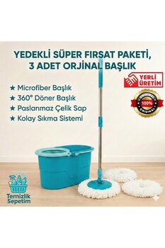 Motek Fix Mop Set Pratik Temizlik Seti Sıkma Sistemli Döner Başlıklı (3 Adet Başlık)