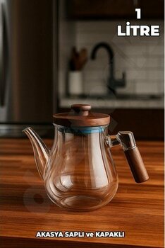 Destpak Akasya Kapaklı ve Saplı Yuvarlak Cam Demlik - Isıya Dayanıklı - Cam Demlikli - Akasya Kapaklı