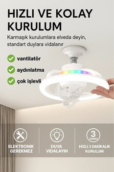 HOT POWER 360° Dönebilen E27 Tavan Vantilatörü Ampul LED Işık Uzaktan Kumandalı RGB Renkli Kısılabilir Vantila