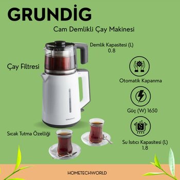 Grundig Güçlü 1650W Cam Demlikli Çay Makinesi, 1,8l Kapasite ile Kullanım Kolaylığı - Ahşap - Beyaz