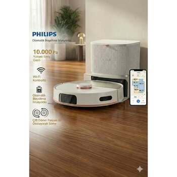 Philips 10.000 Pa Ultra Güçlü Robot Süpürge Çift Döner Paspaslı Leke Çıkarıcı Otomatik Istasyonlu Toz Boşaltma Özellikli Akıllı Haritalama ve Türkç...