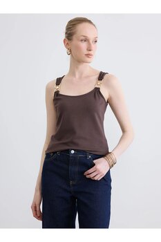 LC Waikiki Kahverengi U Yaka Toka Detaylı Büzgülü Bluz L Beden