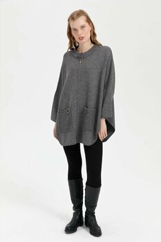 Kadın Dik Yaka Cebi Gül İşlemeli Fermuarlı Kısa Panço Gri Melanj Gri Melanj M