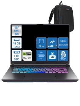 Asus Rog Strix G16 Intel Core Ultra 7 255hx 48gb Ddr5 1tb Ssd 12gb/Rtx5070ti/140w Freedos 16" 2.5k 240hz Wqxga Yapay Zeka Destekli Taşınabilir Bilgisayar G615lrf14 + Zettaçanta
