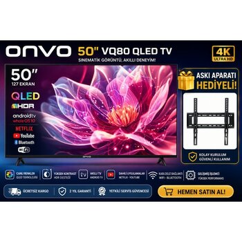 Onvo 50" VQ80 QLED Android Smart Tv | Hdr Destekli | Netflix & Youtube | Bluetooth & Wifi | Askı Aparatı Hediyeli