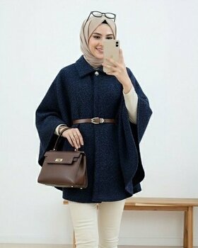 Tek Düğmeli  Beli Kemerli  Sakallı Panço  -Laci - Lacivert - 42