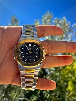 Gold Power Patek Philippe Model Çelik Lüks Kordon Erkek Kol Saati - Altın - Lacivert