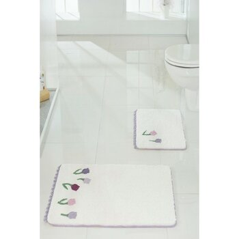 Beyaz Örme Aplike 2'li Banyo Paspası, Şık ve Yumuşak Kullanım Sağlar - Antrasit - Seçenek 1