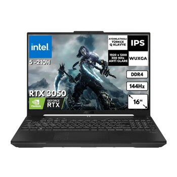 Asus TUF Gaming F16 Intel i5 210H 24 GB 256 GB SSD 6GB RTX3050 16" 144Hz WUXGA FreeDos Gaming Laptop FX607VJAT11