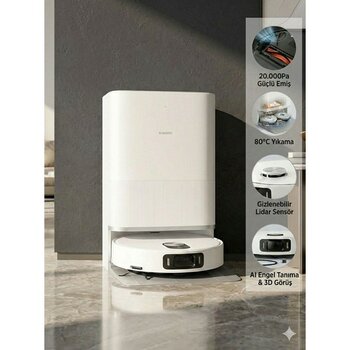 Xiaomi 20.000 Pa Emiş Gücü ve Saç Dolaşmayan Kesici Fırçalı Robot Süpürge 80°c Sıcak Su Yıkamalı ve Otomatik Toz Boşaltmalı Sistem - Beyaz