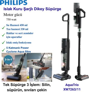 Philips 7000 Serisi Aquatrio Xw7263/11 Islak Kuru Şarjlı Dikey Süpürge + Hassas Mutfak Tartısı Hediye