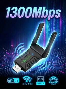 NEFFO 1300Mbps WiFi USB Adaptör – Dual Band 2.4G/5G, USB 3.0, MU-MIMO, Çift Antenli