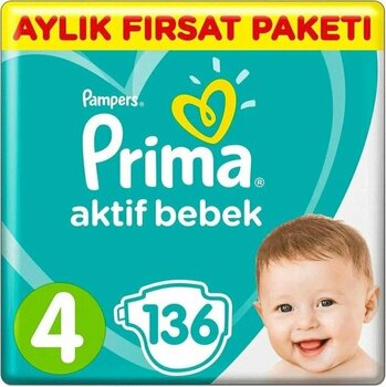 Prima Aktif Bebek Bebek Bezi 4 Beden Aylık Fırsat Paketi 136 Adet