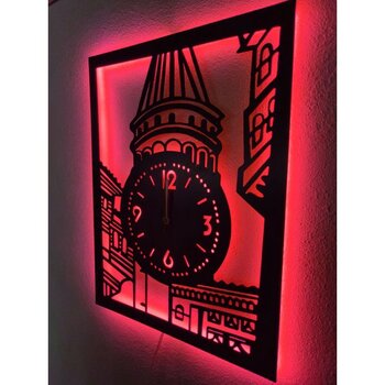 Dekoraven Galata Kulesi LED Işıklı Duvar Saati - Kırmızı