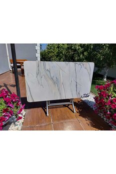 aldagelsin B & B MOBİLYA Dekoratif Katlanır Masa Bahçe Ve Çalışma Masası 70*120 BEYAZ KAHVE MERMER DESENLİ MASA