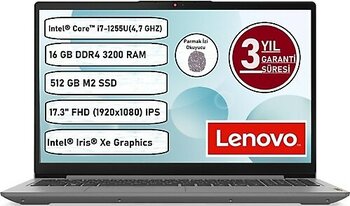 Lenovo Ideapad 3 17IAU7 Intel Core- I7-1255U 16 GB 512 GB SSD Freedos 17.3" Taşınabilir Bilgisayar