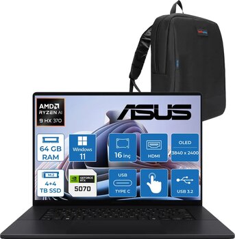 Asus Proart P16 WH7606WP Ryzen Aı 9 HX370  64GB Ddr5 4tb+4tb SSD 8GB/RTX5070 16.0-Inch, 4K (3840 x 2400) OLED  0.2ms Dokunmatik Ekran Windows 11 Home Taşınabilir Bilgisayar WME020H08+ZETTAÇANTA