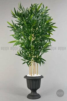 BİÇİÇEK Yapay Bambu Ağacı 170cm Büyük Yapraklı 5 Bambulu Antrasit Renk Nergis Saksıda Yapay Ağaç