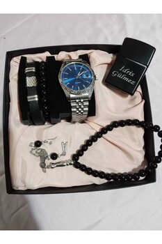 Brality Özel Kutulu Hediyelik Çakmaklı Erkek Kombin Saat Seti ( 5 Parça'lı Aksesuar)- 6044