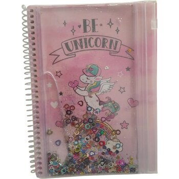 İleri Grup A5 Boy Simli ve Sulu Şeffaf Kalemlikli Defter Unicorn - Pembe