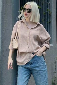Madmext Bej Uzun Kollu Çizgili Oversize Gömlek MG2080 - M