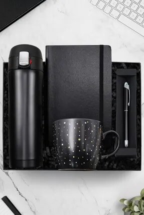 Trendmiya 500 ML Siyah Kilitli Termos-Yıldız Desenli Kupa-Siyah Defter-Gümüş Detaylı Roller Kalem Hediye Seti