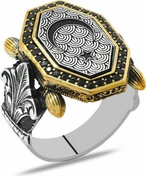 Gümüş Hediye Al Siyah Zirkon Taş Mıhlamalı Ayyıldız Motifli Sekizgen Tasarım 925 Ayar Gümüş Erkek Yüzük - Gümüş - Siyah - 25