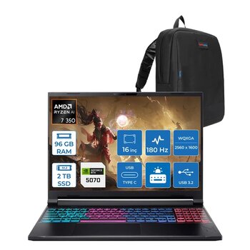 Acer Nitro V 16 Anv16s-61 Amd Ryzen 7 350 96Gb Ddr5 2Tb Ssd 8Gb/Rtx5070/85W 16" Wqxga (2560 X 1600) Ips 180Hz Freedos Taşınabilir Bilgisayar Nhqxney003f31 + Zettaçanta