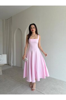 Mooi Butik LAVOİR Kuşaklı Midi Elbise 5480 - Pembe S Beden
