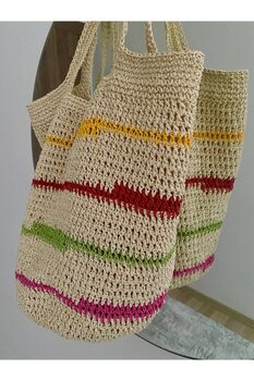 Rabika Renkli Hasır Sepet Çanta Örgü Omuz Çantası Standart Beden