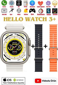 Hello Watch 3 Plus Ultra Akıllı Saat Amoled Ekran 3 Kordon 49mm 4gb Pusula Akıllı Saat Watch 8 9