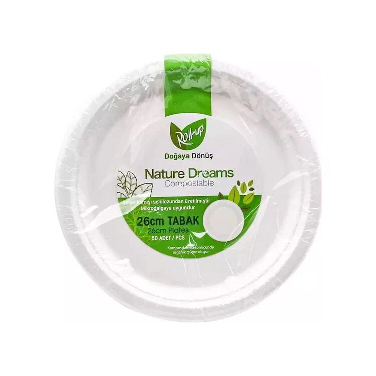 Roll-Up Nature Beyaz 26 cm Karton Kağıt Tek Kullanımlık Tabak