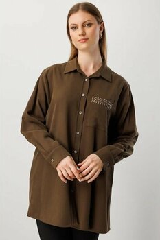 Ekol Kadın Büyük Beden Cebi Taş İşlemeli Gömlek 3561 Haki Haki 48