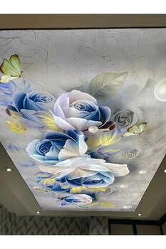 poster marketi Mavi Güllü Gergi Tavan | Sanatsal ve Zarif Tasarım | Estetik Dekorasyon