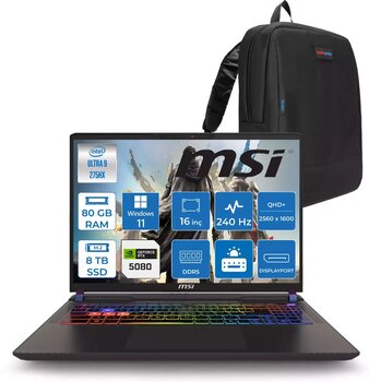 Msı Vector 16 Intel Core Ultra 9 275HX 80GB 4tb + 4tb SSD RTX5080 16GB Tdp 175W Gddr7 Windows 11 Home 16" Qhd+ 240Hz Taşınabilir Bilgisayar A2XWIG090XTRH35 + Zetta Çanta