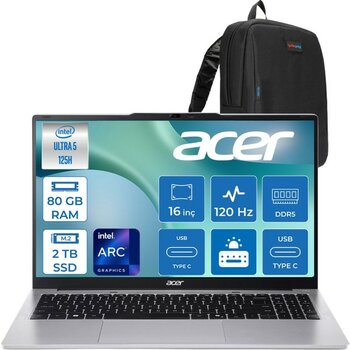 Acer Aspire Lite AL16-71P Intel Core Ultra 5 125H 4.5ghz 80GB Ddr5 2tb SSD Freedos Arc Graphics 16" 120Hz IPS Fullhd+ (1920X1200) Taşınabilir Bilgi...