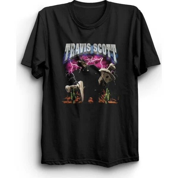 Stonedfame Travis Scott Astroworld Baskılı Siyah %100 Penye Bisiklet Yaka Kısa Kol XL T-Shirt