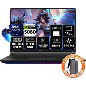Asus Rog Strix Scar 18 Intel Core Ultra 9 275HX 96GB 2tb SSD RTX5080 16GB Windows 11 Pro 18" Wqxga Taşınabilir Bilgisayar G835LW-SA127-A6 - 2 TB