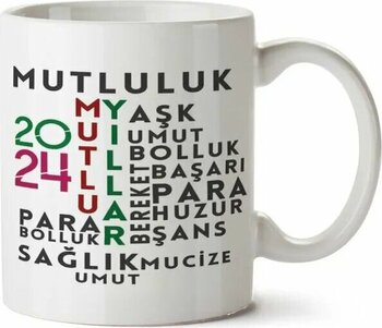 2024 Mutlu Yıllar Akrostiş Sözler Baskılı Kupa Bardak Çok Renkli