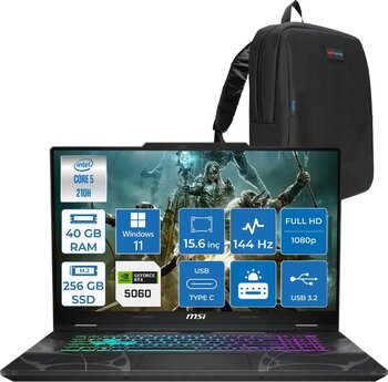 Msı Cyborg 15 Intel Core 5 210H 40GB Ddr5 256GB SSD RTX5060 Gddr7 8gb Windows 11 Home 15.6" Fhd (1920X1080) 144HZ Taşınabilir Bilgisayar B2RWFKG207XTRH16 + Zetta Çanta