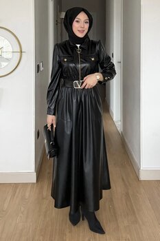 SaklıButik Prime Fermuar Detaylı Kemerli Deri Elbise 36 Beden