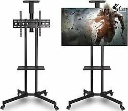Hareketli Tv Standı 32-65 İnç Yükseklik Ayarlı Tekerlekli ve Raflı Siyah